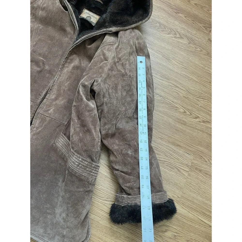 Vtg St Johns Bay Suede Leather Faux Fur Lined Jacket Zip Hood Womens Sz M Brown - Picture 11 of 11